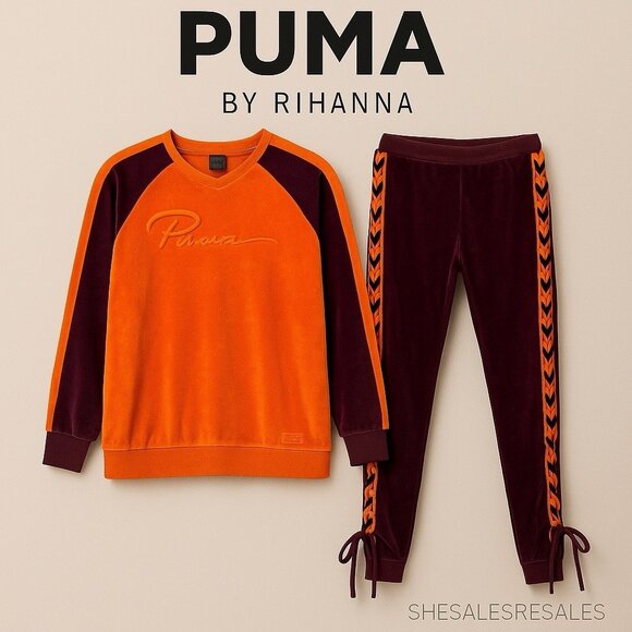 Puma by Rihanna FENTY Orange & Burgundy Velvet Lace-Up Two-Piece Tracksuit Set 0 - Picture 1 of 4